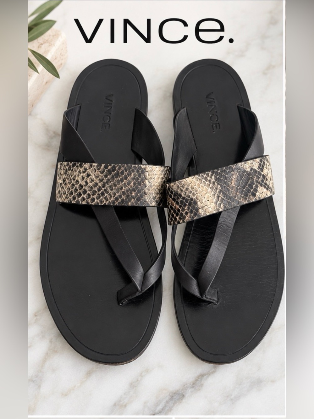 VINCE. Black & Snakeskin Print Leather Thong Sandals | US 7 / EU 37
